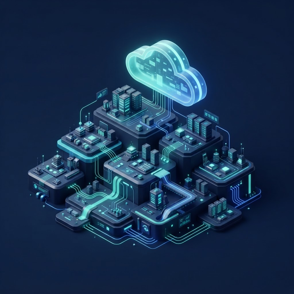 Isometric illustration of scalable cloud infrastructure engineered by Terrascale